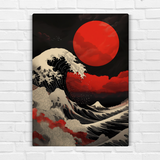 Red Sun Great Wave Metal Poster
