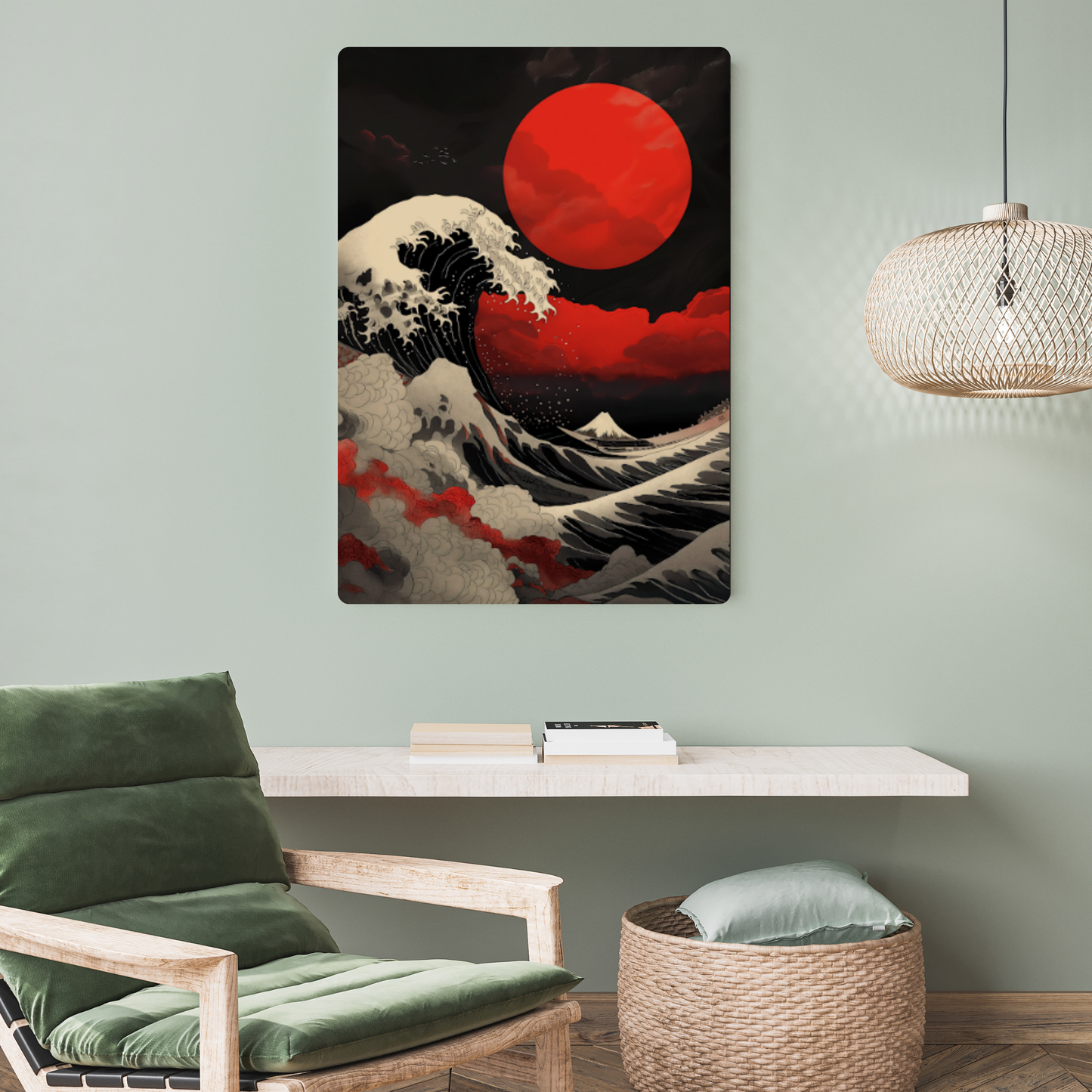 Red Sun Great Wave Metal Poster