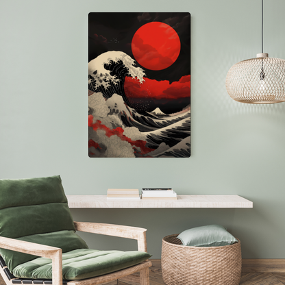Red Sun Great Wave Metal Poster